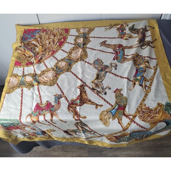VTG AC Andre Claude Canova Carousel of Horses Silk Scarf Gold Colorful Old Money - Picture 8 of 9
